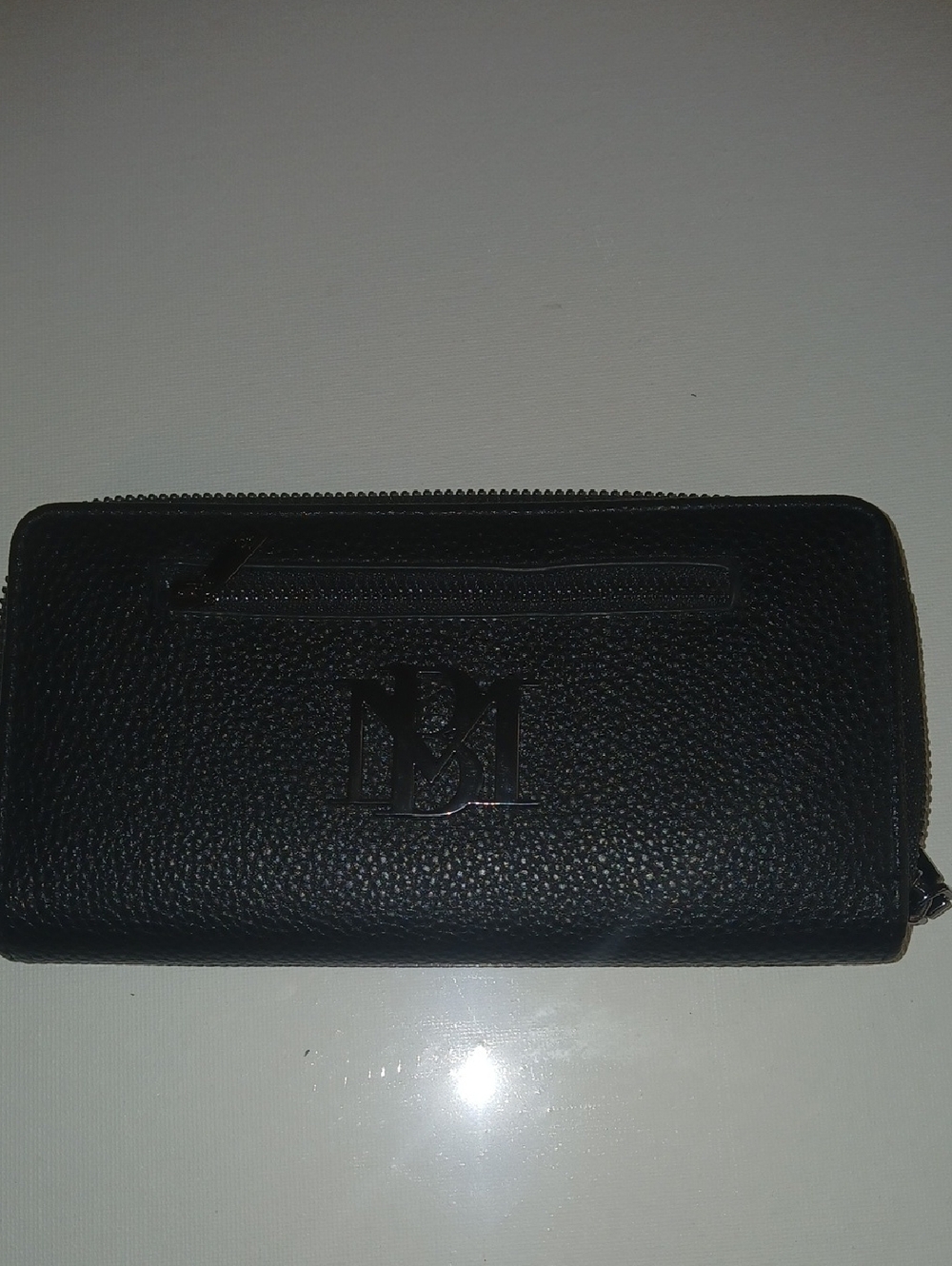 Badgley Mischka Black Leather Zip Wallet with Monogram Detail